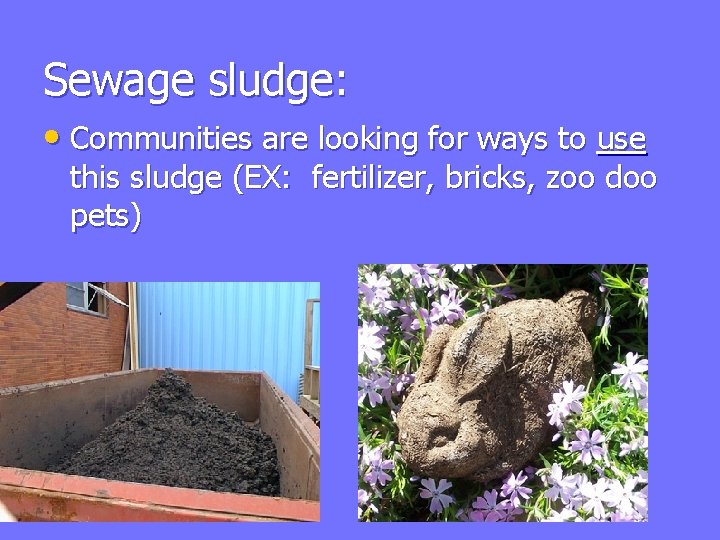 Sewage sludge: • Communities are looking for ways to use this sludge (EX: fertilizer,