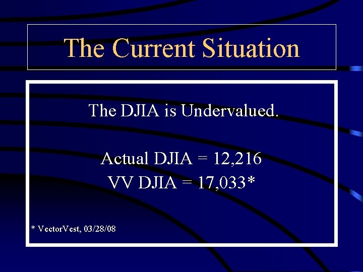The Current Situation The DJIA is Undervalued. Actual DJIA = 12, 216 VV DJIA