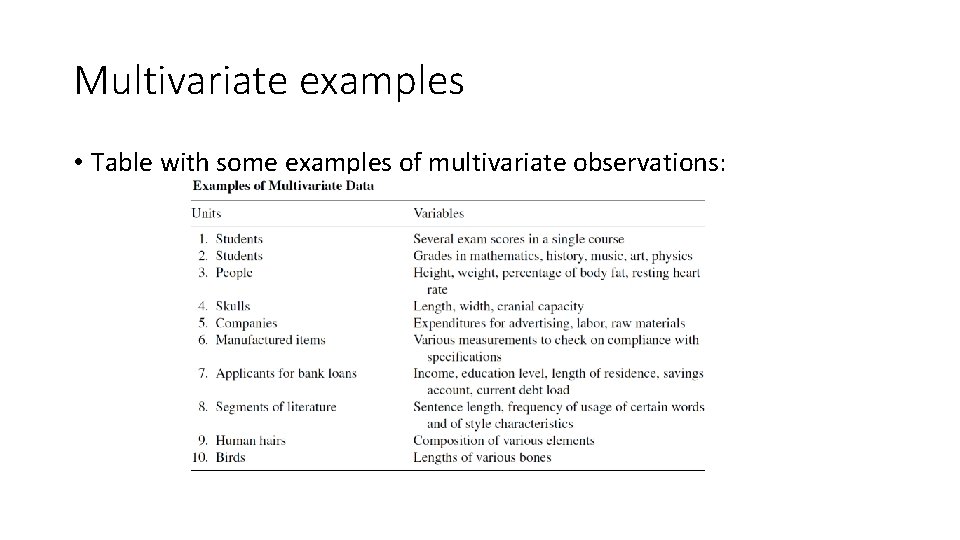 Multivariate examples • Table with some examples of multivariate observations: Multivariate examples • Table with some examples of multivariate observations: