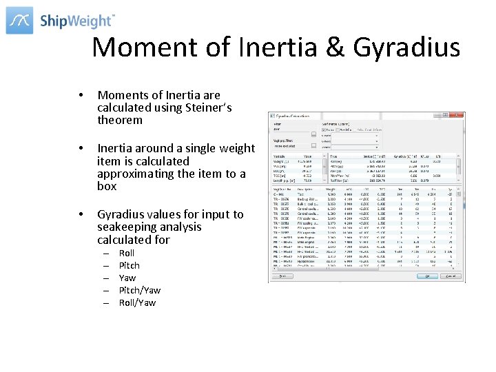 Moment of Inertia & Gyradius • Moments of Inertia are calculated using Steiner’s theorem