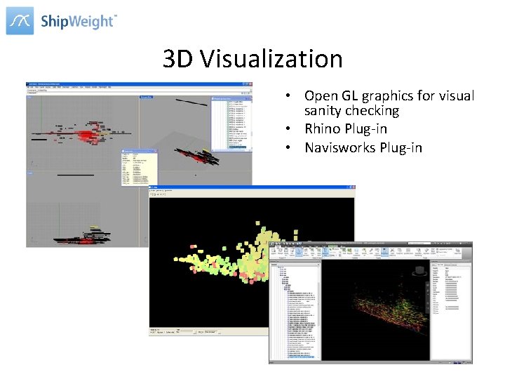 3 D Visualization • Open GL graphics for visual sanity checking • Rhino Plug-in