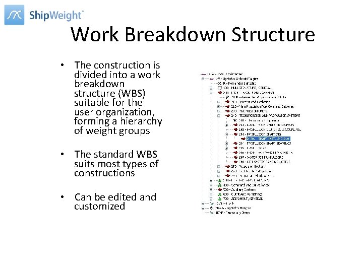 Work Breakdown Structure • The construction is divided into a work breakdown structure (WBS)