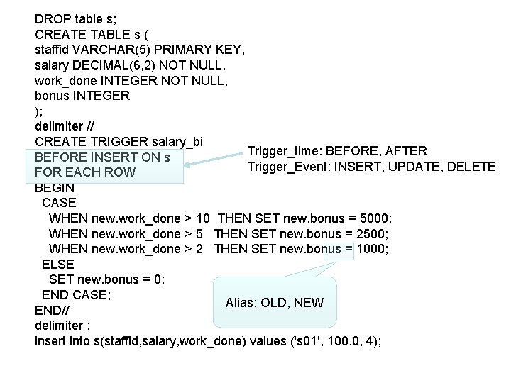 DROP table s; CREATE TABLE s ( staffid VARCHAR(5) PRIMARY KEY, salary DECIMAL(6, 2)