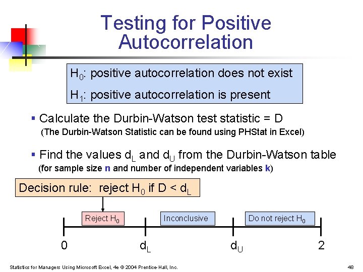 Testing for Positive Autocorrelation H 0: positive autocorrelation does not exist H 1: positive