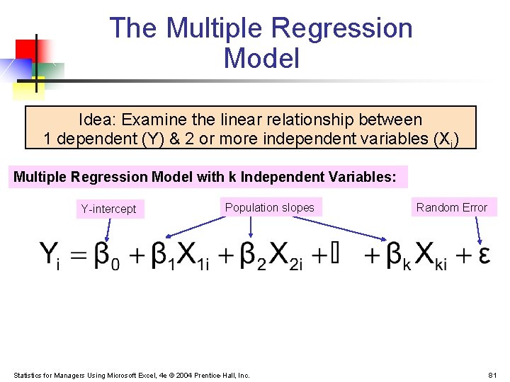 The Multiple Regression Model Idea: Examine the linear relationship between 1 dependent (Y) &