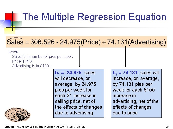 The Multiple Regression Equation where Sales is in number of pies per week Price