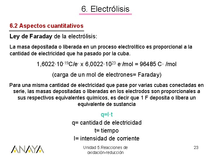 6. Electrólisis 6. 2 Aspectos cuantitativos Ley de Faraday de la electrólisis: La masa