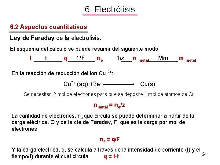 6. Electrólisis 6. 2 Aspectos cuantitativos Ley de Faraday de la electrólisis: El esquema