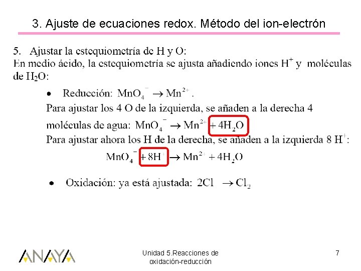 3. Ajuste de ecuaciones redox. Método del ion-electrón Unidad 5. Reacciones de oxidación-reducción 7