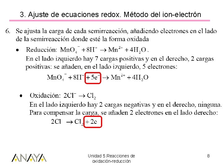 3. Ajuste de ecuaciones redox. Método del ion-electrón Unidad 5. Reacciones de oxidación-reducción 8
