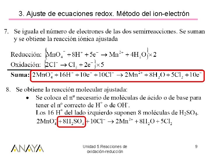 3. Ajuste de ecuaciones redox. Método del ion-electrón Unidad 5. Reacciones de oxidación-reducción 9