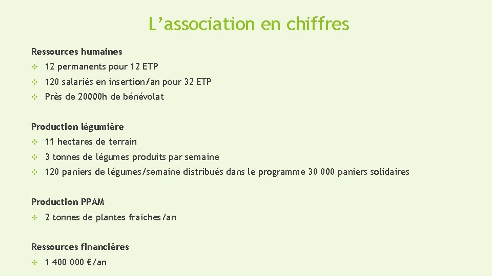 L’association en chiffres Ressources humaines v 12 permanents pour 12 ETP v 120 salariés