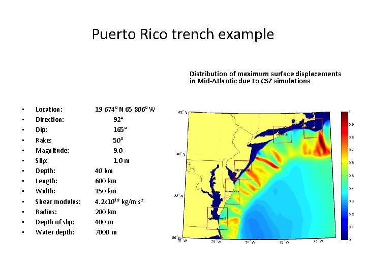Puerto Rico trench example Distribution of maximum surface displacements in Mid-Atlantic due to CSZ