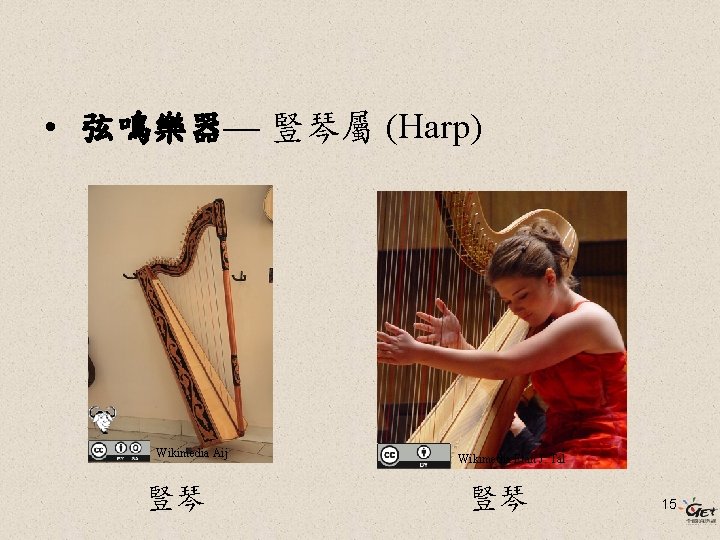  • 弦鳴樂器— 豎琴屬 (Harp) Wikimedia Aij 豎琴 Wikimedia Etan J. Tal 豎琴 15