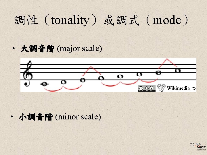 調性（tonality）或調式（mode） • 大調音階 (major scale) Wikimedia っ • 小調音階 (minor scale) 22 