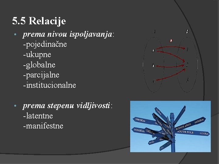 5. 5 Relacije • prema nivou ispoljavanja: -pojedinačne -ukupne -globalne -parcijalne -institucionalne • prema