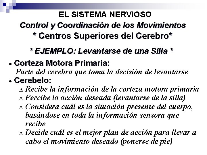 EL SISTEMA NERVIOSO Control y Coordinación de los Movimientos * Centros Superiores del Cerebro*