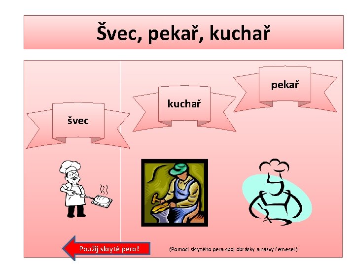 Švec, pekař, kuchař pekař kuchař švec Použij skryté pero! (Pomocí skrytého pera spoj obrázky