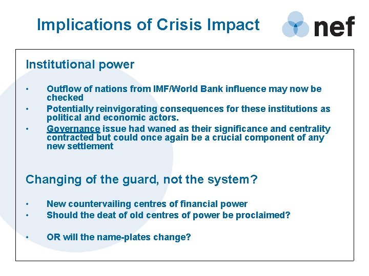 Implications of Crisis Impact Institutional power • • • Outflow of nations from IMF/World