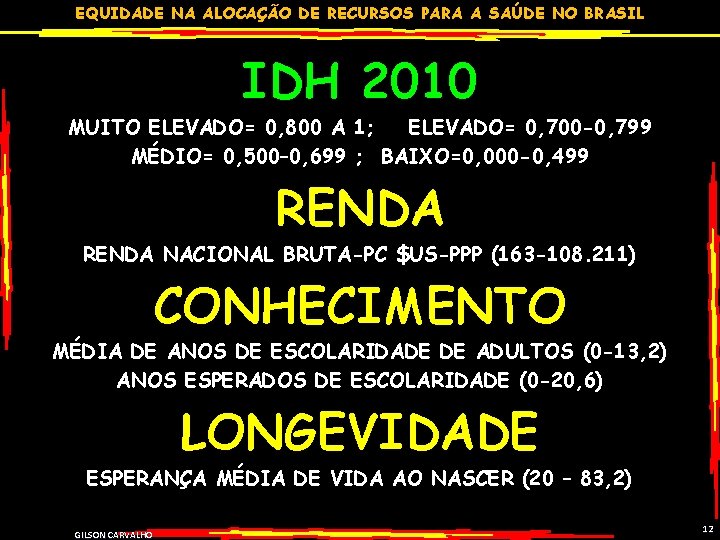EQUIDADE NA ALOCAÇÃO DE RECURSOS PARA A SAÚDE NO BRASIL IDH 2010 MUITO ELEVADO=