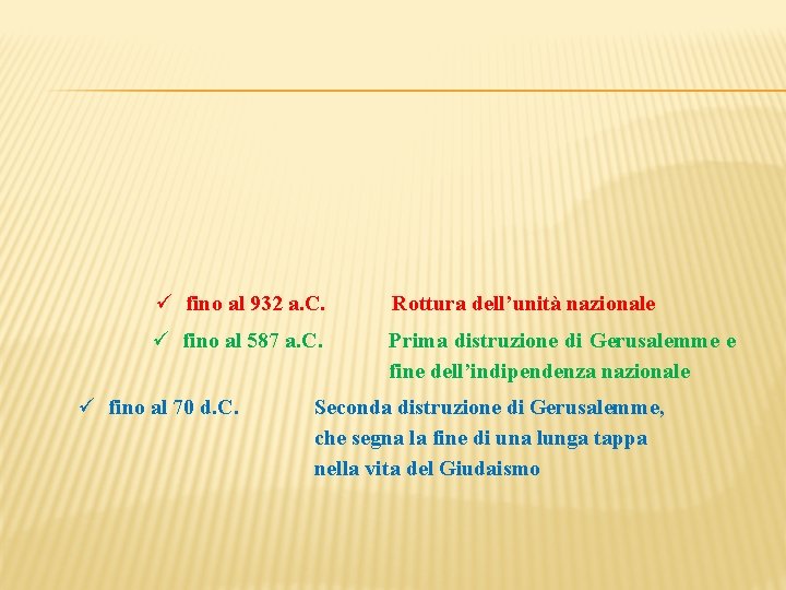  fino al 932 a. C. Rottura dell’unità nazionale fino al 587 a. C.