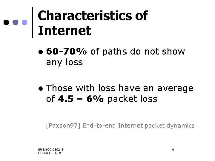 Characteristics of Internet l 60 -70% of paths do not show any loss l