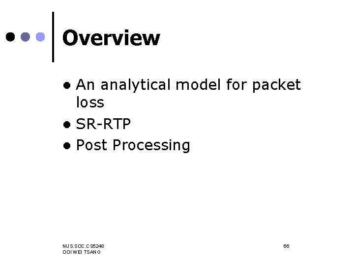 Overview An analytical model for packet loss l SR-RTP l Post Processing l NUS.