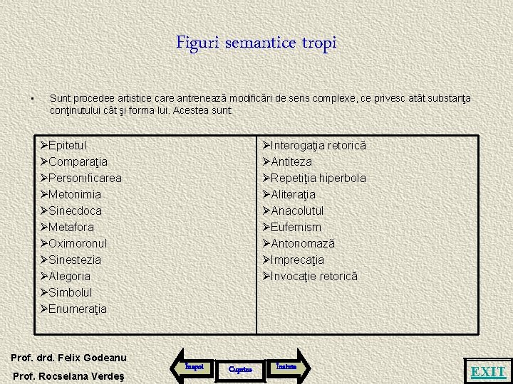 Figuri semantice tropi • Sunt procedee artistice care antrenează modificări de sens complexe, ce