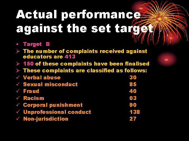 Actual performance against the set target • Target B Ø The number of complaints