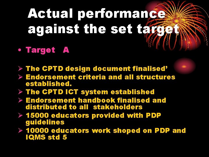 Actual performance against the set target • Target A Ø The CPTD design document