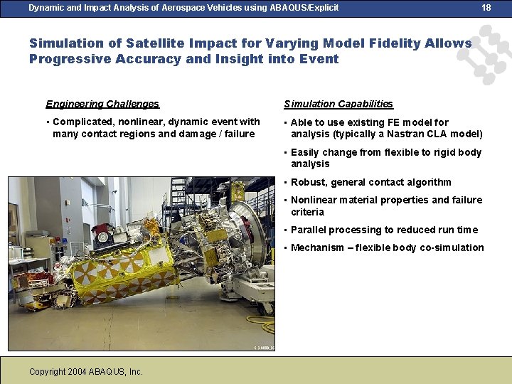 Dynamic and Impact Analysis of Aerospace Vehicles using ABAQUS/Explicit 18 Simulation of Satellite Impact Dynamic and Impact Analysis of Aerospace Vehicles using ABAQUS/Explicit 18 Simulation of Satellite Impact