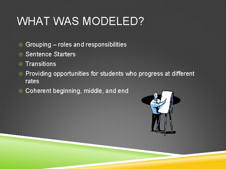 WHAT WAS MODELED? Grouping – roles and responsibilities Sentence Starters Transitions Providing opportunities for