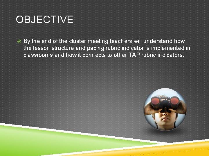 OBJECTIVE By the end of the cluster meeting teachers will understand how the lesson