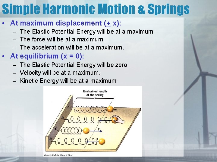 Simple Harmonic Motion & Springs • At maximum displacement (+ x): – The Elastic