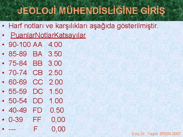 JEOLOJİ MÜHENDİSLİĞİNE GİRİŞ • • • Harf notları ve karşılıkları aşağıda gösterilmiştir. Puanlar. Notlar.