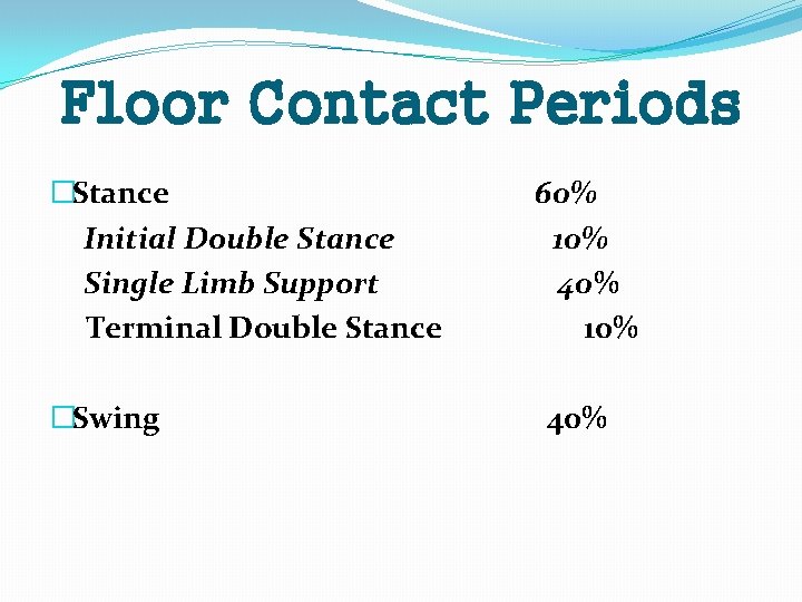 Floor Contact Periods �Stance Initial Double Stance Single Limb Support Terminal Double Stance �Swing