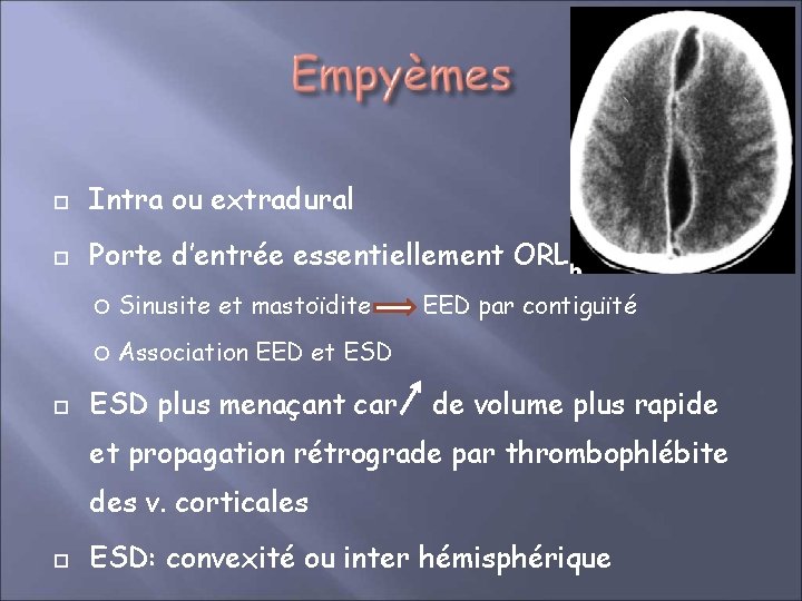  Intra ou extradural Porte d’entrée essentiellement ORL Sinusite et mastoïdite Association EED et