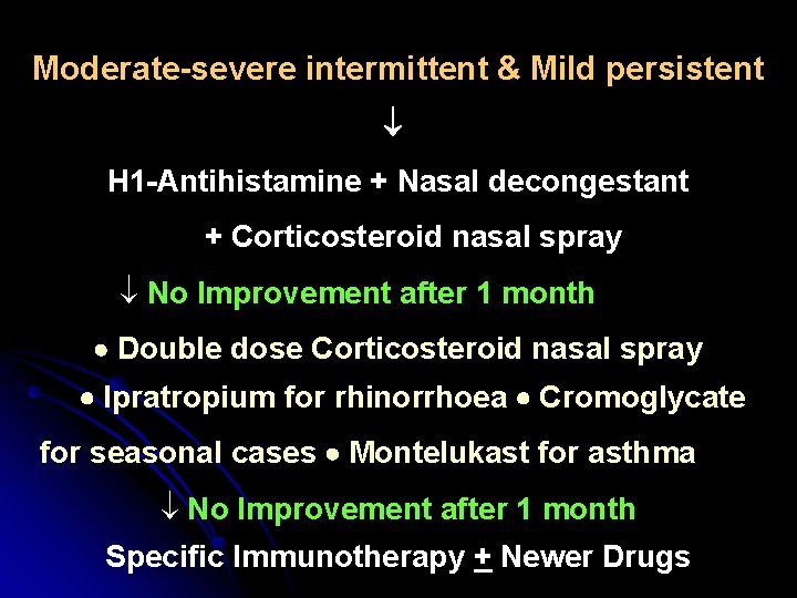 Moderate-severe intermittent & Mild persistent H 1 -Antihistamine + Nasal decongestant + Corticosteroid nasal