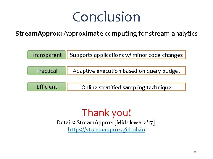 Conclusion Stream. Approx: Approximate computing for stream analytics Transparent Supports applications w/ minor code