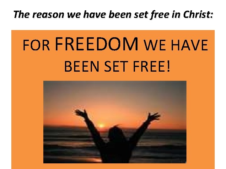 The reason we have been set free in Christ: FOR FREEDOM WE HAVE BEEN