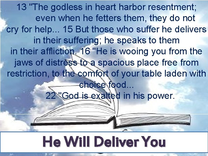 13 "The godless in heart harbor resentment; even when he fetters them, they do