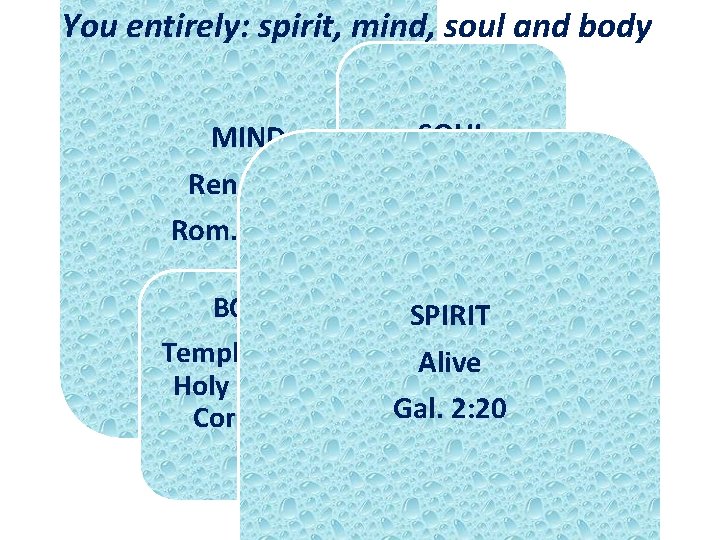 You entirely: spirit, mind, soul and body MIND Renewed Rom. 12: 1 -2 SOUL