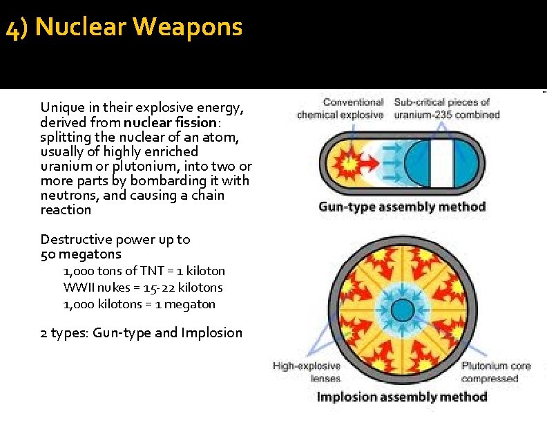 4) Nuclear Weapons Unique in their explosive energy, derived from nuclear fission: splitting the