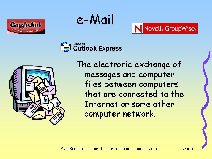 e-Mail The electronic exchange of messages and computer files between computers that are connected e-Mail The electronic exchange of messages and computer files between computers that are connected