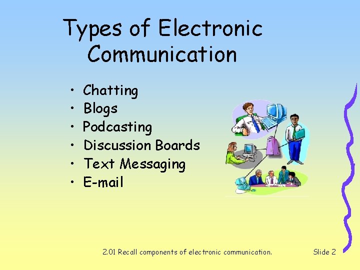Types of Electronic Communication • • • Chatting Blogs Podcasting Discussion Boards Text Messaging Types of Electronic Communication • • • Chatting Blogs Podcasting Discussion Boards Text Messaging