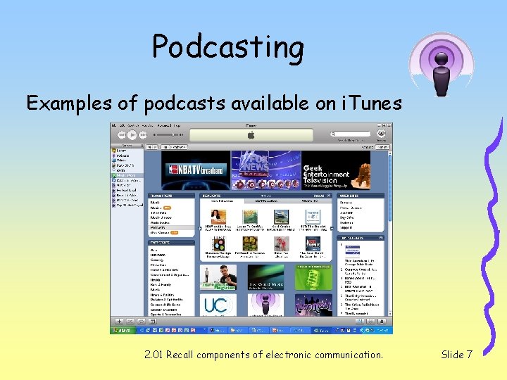 Podcasting Examples of podcasts available on i. Tunes 2. 01 Recall components of electronic Podcasting Examples of podcasts available on i. Tunes 2. 01 Recall components of electronic