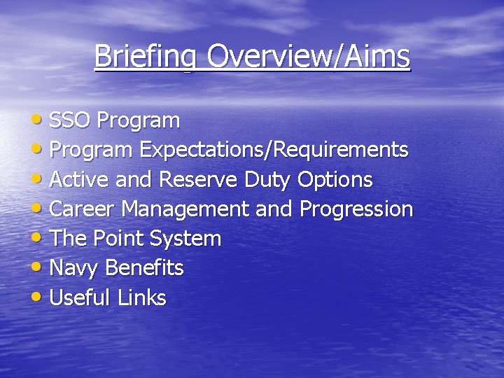 Briefing Overview/Aims • SSO Program • Program Expectations/Requirements • Active and Reserve Duty Options