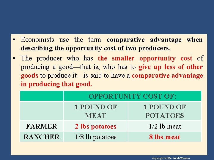  • Economists use the term comparative advantage when describing the opportunity cost of