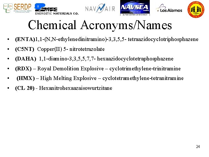 ENERGETIC MATERIALS CO. Chemical Acronyms/Names • (ENTA)1, 1 -(N, N-ethylenedinitramino)-3, 3, 5, 5 -