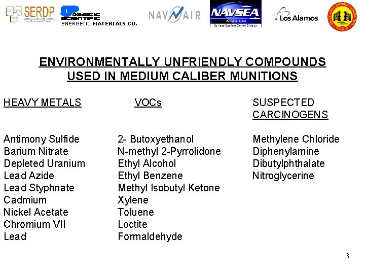 ENERGETIC MATERIALS CO. ENVIRONMENTALLY UNFRIENDLY COMPOUNDS USED IN MEDIUM CALIBER MUNITIONS HEAVY METALS Antimony